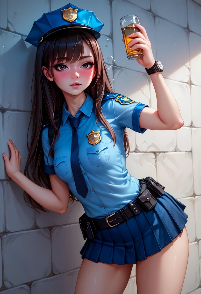 (( Unmanned White Background :1.2)), High resolution image , top quality ,(( one beautiful Japanese schoolgirl standing in front of a wall:1.5)),(( slender body:1.2)),((Blushed face:1.0)),real skin ,small breasts, shiny hair , Super Detailed Black Eyes,(( Equipped Police Belt :1.2)),((View watch)),(( shot from the front:1.2)),8k,((Face the front:1.2)),(Drunk:1.6)),((short police skirt:1.2)),((short sleeve police shirt )),Captivating thighs(Naturally :1.3)