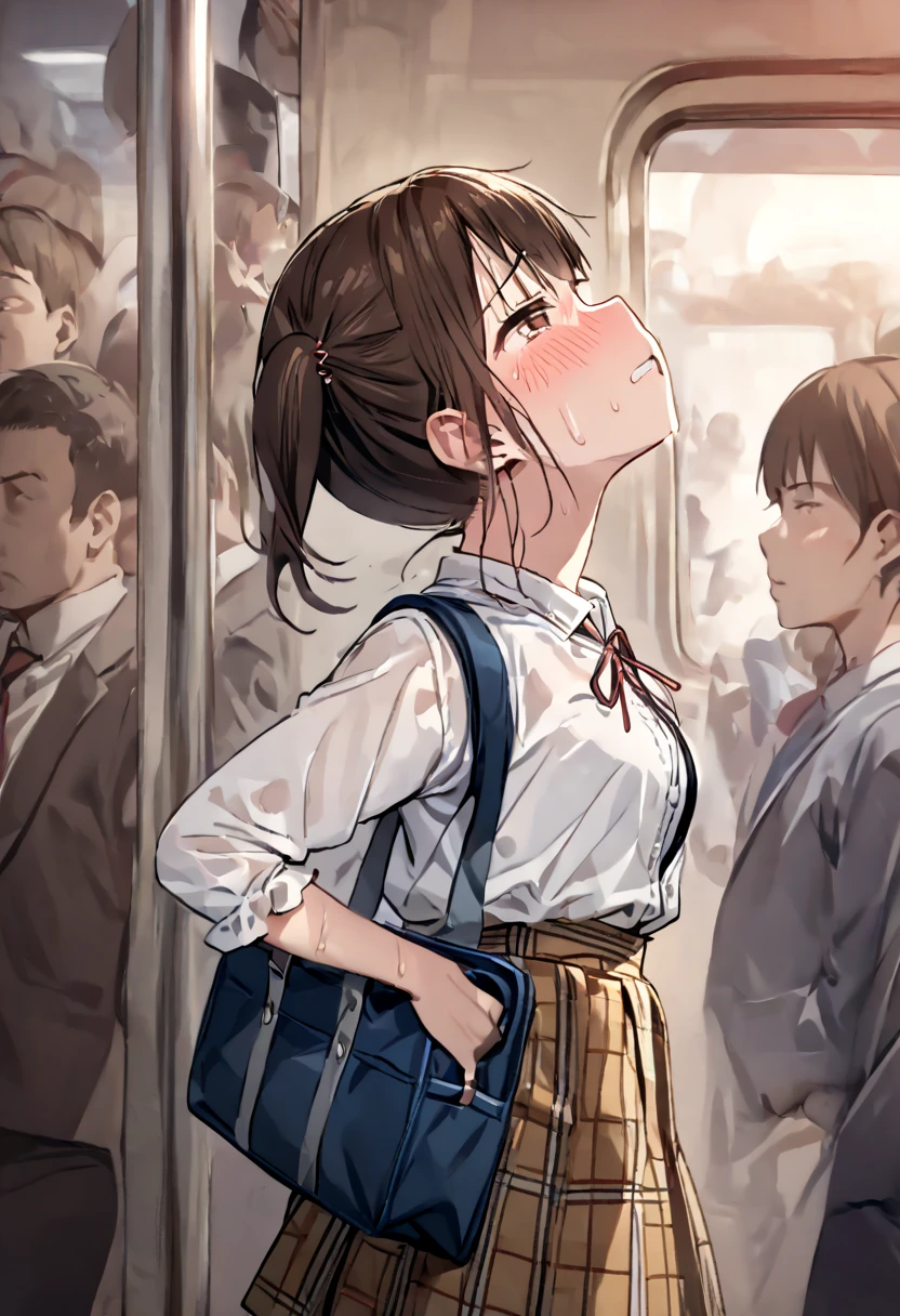 13 old, japanese school girl,dark brown hair,twintail,hair pin,matal grasses,at train ,perfect body,easy-going face,White shirt blouse,sweaty, plaid skirt,trouble,(tits grab from bihind crowd), twin tail, blush、molested, anatomically correct, Japanese sound effects, Crowded trains, heavy crowds, blushing, disgust, Anatomically correct depiction of details, can't move in the crowd, Closely attached, one scene,wear a school bag, half eye,head back orgasm,side view,wear a bra