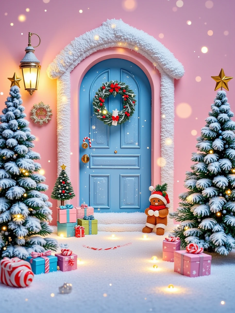 (tmasterpiece), (ultra-detailed:1.3), (Close-up: 1.8), Best quality, (marshmallow-like white Yuki:1.2), (Christmas courtyard in a blue fairytale:1.6), (Christmas decoration lower ring on the blue door: 1.8), (suns), (((Delicious candies in front of the door, Christmas tree, gifts, Christmas stockings, cute gingerbread man, chocolate house splash))), Illustration style, decorations, Fantasy Christmas small courtyard, Lovely design style, Yuki, rays of sunshine, vivid color, ((Whimsical and charming fantasy)), Surreal portrait, (Fantasy themed Christmas cabin), (Whimsical Christmas Accessories), (Colorful, Landscape full of candy), (enchanting, magical Christmas tree), (A vibrant, Candy-colored courtyard), (Candy Road), (blue candy door) in the distance, (Asymmetrical tmasterpiece clock accessories, like a mirror), (Rich, fantastic colors), (warm rays of sunshine), (four-dimensional dream), (enchanting atmosphere), (Playful composition), (vivid rays of sunshine effect), 1.4x realism, hyper HD, Shown in this beautiful scene, (Very meticulous, Reasonable design, Clear lines, High sharpness, tmasterpiece, official art, movie light effect, 8K)