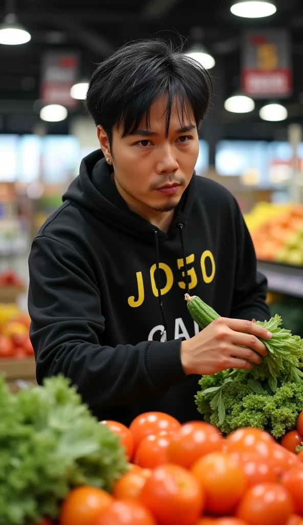 jojo, 38-year-old male, Photorealistic, 16k, photography, masterpiece, detailed face, with black messy hairstyle, masterpiece, best quality, wearing hip-hop style costume, grocery shopping, supermarket, picking vegetables, natural lighting, everyday scene, highly detailed, detail libs, detail eyes, detail nose,