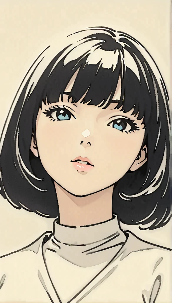 ( top quality :1.2,  very detailed, Latest,  vibrant, masterpiece:1.2, best aesthetics),  Monochrome ,  girl, ((Upshot of a face that seduces:1.4)),  bob cut, ((Retro,  vintage ,  plain background ,  Monochrome アート,  line drawings of anime characters , slender)),