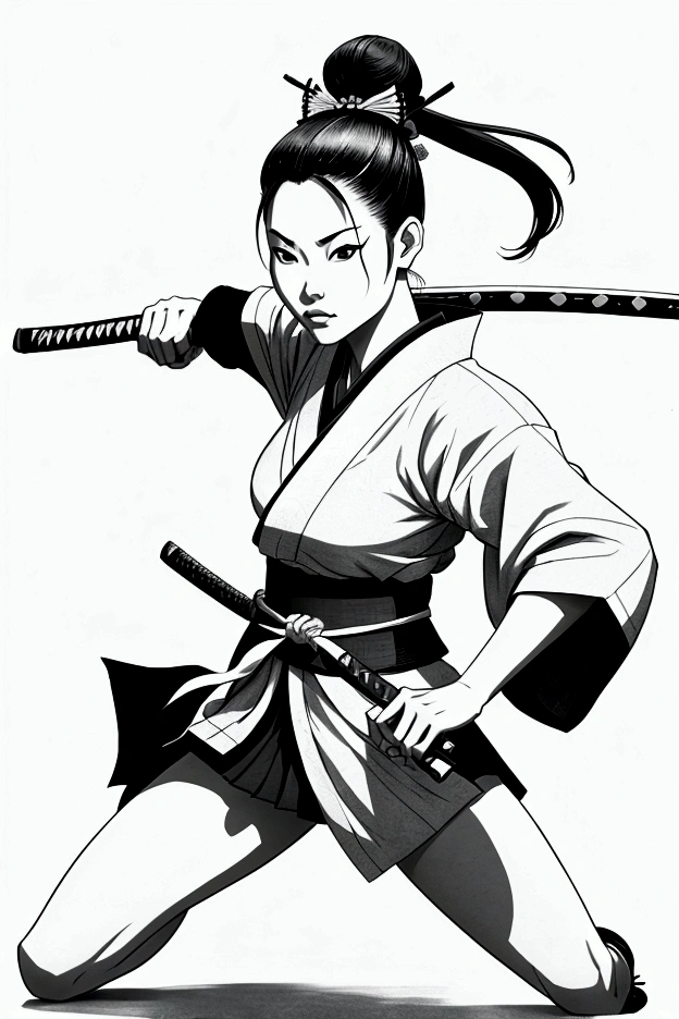 Mujer japonesa con katana, Samurai, tatuaje, hermosa, rostro detallado, cuerpo completo, bikini arte lineal, Monocromo, (alta calidad)