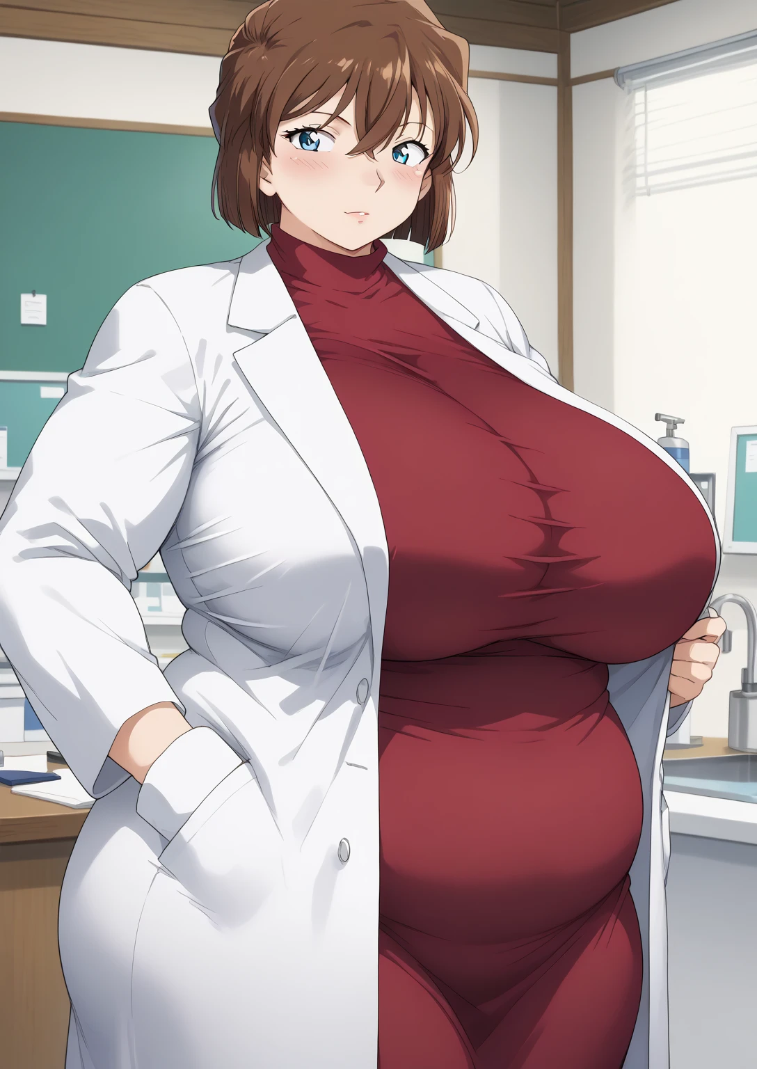 Shiho Miyano, Miyano Shiho, short hair,Brown Hair, blue eyes,hair between eyes,lab coat, rosewood dress, long sleeve dress, score_9,   score_8_ up,   score_7_ up,   score_6_ up,   score_5_ up,   score_4_ up,     masterpiece   ,   top quality,     very aesthetic  ,    absurd,    source_Anime, Anime screencap,    one woman , Alone,   personal   ,  Super huge breasts, (((S uper huge クレビス, Super huge , Super huge boob))), Curvy,   in her 20s,  Mature Woman,   obese , ,  troubled expression,  