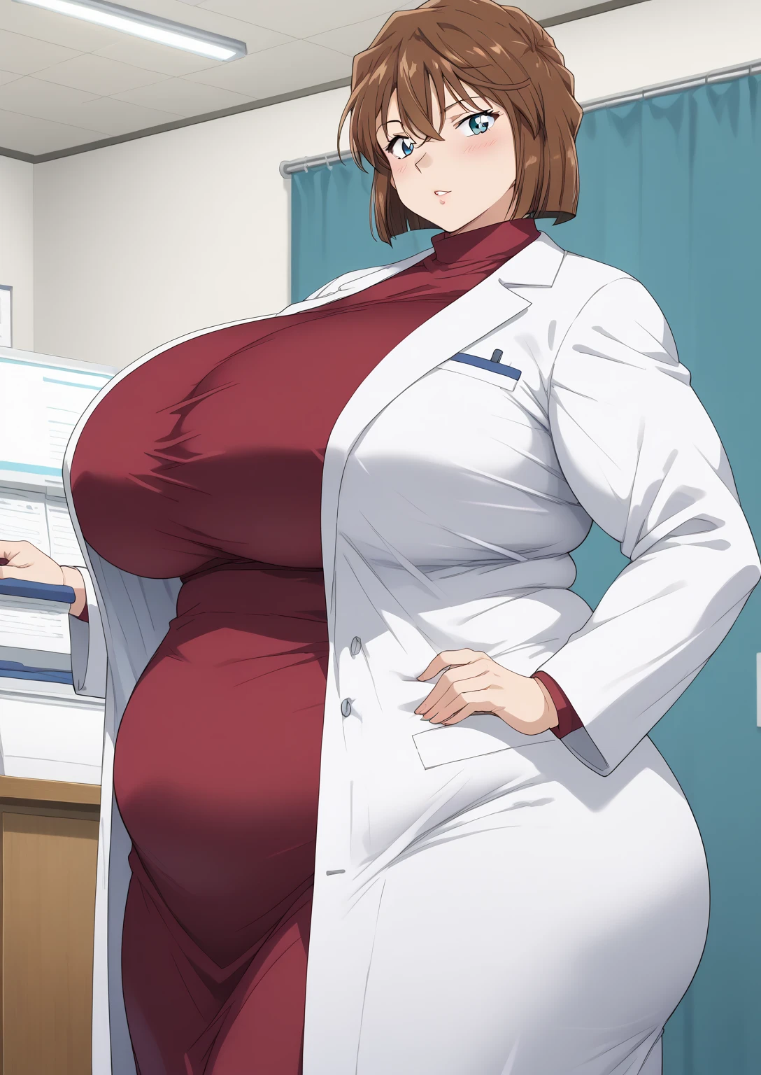 Shiho Miyano, Miyano Shiho, short hair,Brown Hair, blue eyes,hair between eyes,lab coat, rosewood dress, long sleeve dress, score_9,   score_8_ up,   score_7_ up,   score_6_ up,   score_5_ up,   score_4_ up,     masterpiece   ,   top quality,     very aesthetic  ,    absurd,    source_Anime, Anime screencap,    one woman , Alone,   personal   ,  Super huge breasts, (((S uper huge クレビス, Super huge , Super huge boob))), Curvy,   in her 20s,  Mature Woman,   obese , ,  troubled expression,  