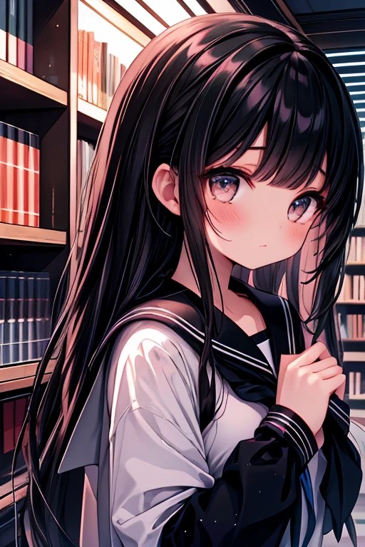 masterpiece,  top quality ,  very detailed, ( illustrations,  Official Art : 1.1),  1 girl, ,black  long hair,  ,  long hair (()), masterpiece,  top quality , (((  very delicate and beautiful girl )))),  amazing,  beautiful detailed eyes, blunt bangs , Tears, (True beauty: 1.2),  Depth,  dynamic angle ,,,, (True beauty: 1.2),(  black sailor suit 、Sera Clothing:1.4)、 thin and long leyster piece ,  top quality ,  very detailed,  absurd), No Emotion,  mature, shy girl  (ing), brown eyes、 gradation eye 、 ,  Mid-chest ,  beautiful Japanese girl , ( top quality : 1.2) Alone, Cinematic Light,   perfect lighting, Embarrassing , (((Eyes wide open))),Anime,  1 girl, ("smile":0.9)/ 90's Anime, 80's Anime/ Lo-Fi/ ("  black sailor suit ", Long sleeves:1.3)/ (" white tie":0.9)/ clavicle/ ("Tokyo, Night City, star空")/ ("Black  long hair":1.35)/  Watch viewers/ (" brown eyesの":0.9)/ Bokeh/  Blurry Background/  is written by/ Aerial distance method/
 in the library ,( crop top:0.5), mini pleated black _ skirt,
indoor,(Bookshelf,  Blue Moon , star空, Blue Knight ,  abstract background , Magic book, Particles of light, star, Sparkling effect,   book ),  surprised face
  , 
「 library book inspection 」 is for librarians in quiet libraries  ,  carefully pick up each book ,  checking the state ,  and breaking records . Bookshelfの間を移動する, They、 x} Ensure that library collections are properly managed 、 and that they are properly delivered to users., reading 、 black hair long hair, big breasts、