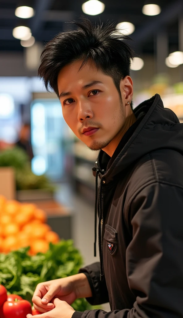 jojo, 38-year-old male, Photorealistic, 16k, photography, masterpiece, detailed face, with black messy hairstyle, masterpiece, best quality, wearing hip-hop style costume, grocery shopping, supermarket, picking vegetables, natural lighting, everyday scene, highly detailed, detail libs, detail eyes, detail nose,