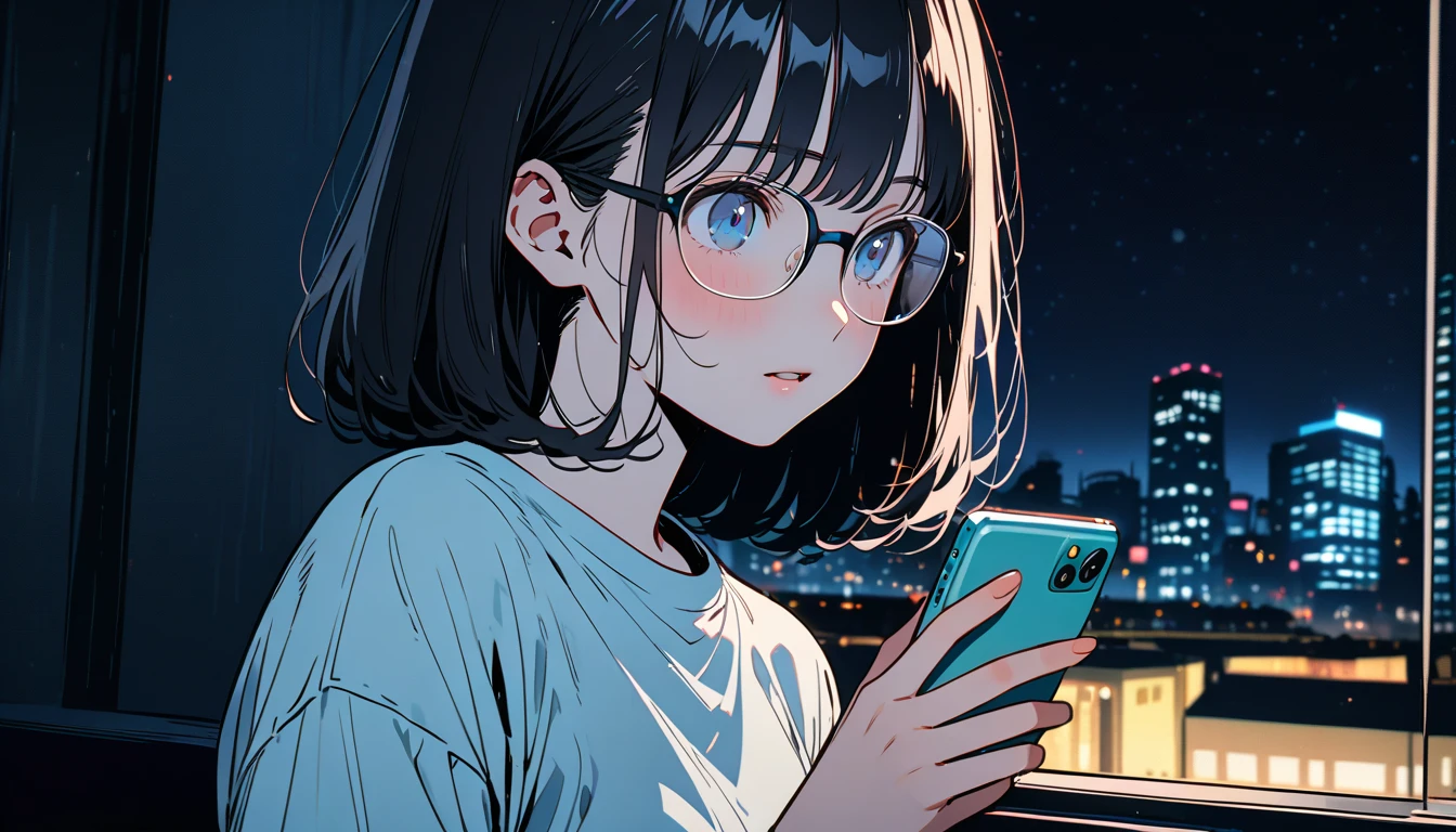 (( black hair)),((Pale Color)),masterpiece, ((( Y shirt))),Highest quality, Beautiful attention to detail, Very detailed, In detail, High resolution, Perfect Anatomy, , , Girl, (one person:1.5), alone, (Glasses), (((Calling on a smartphone))), (((night indoor background))), lonely expression、 Background, (City Pop anime),  Kyoto Animation, ,anime, 