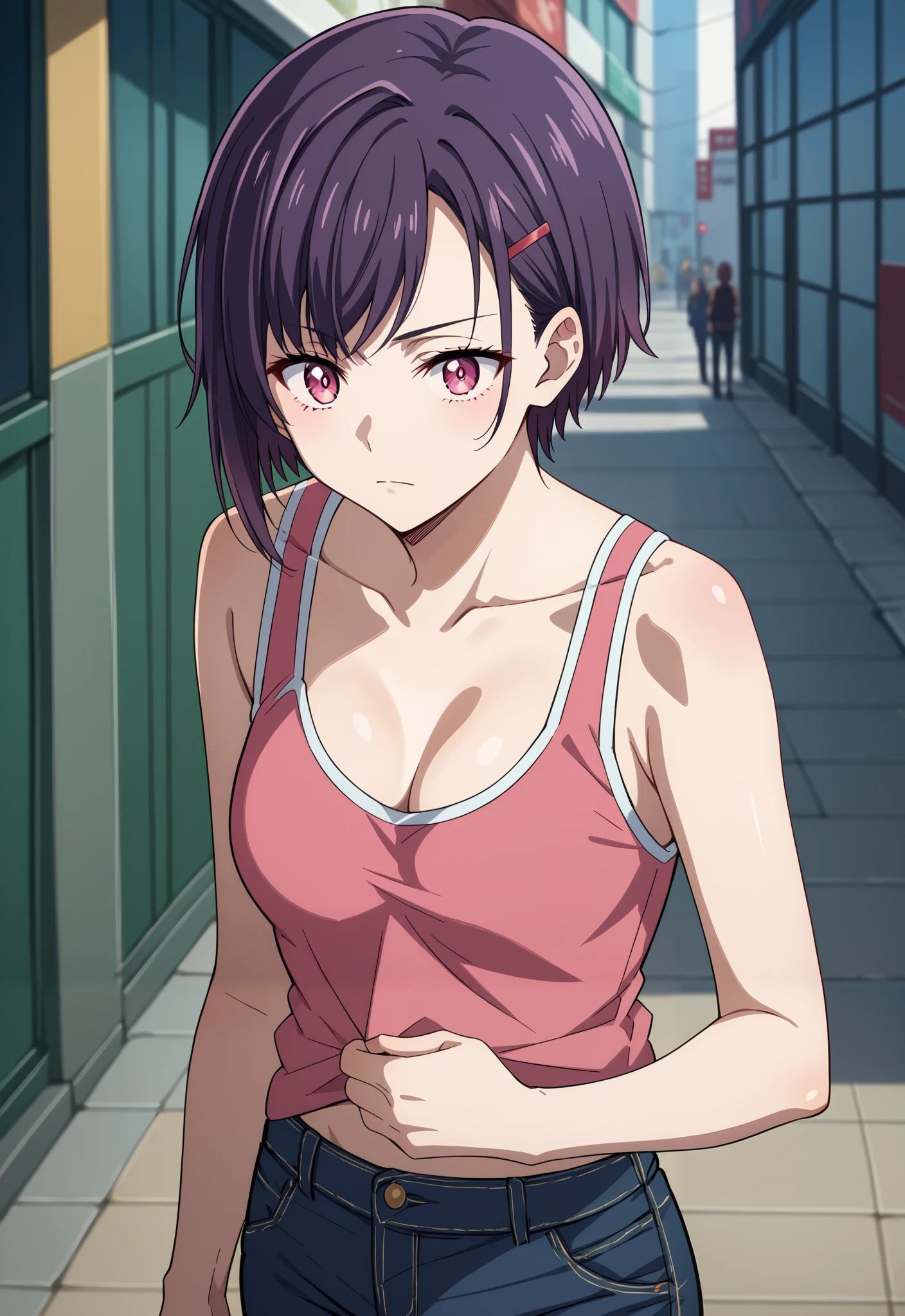 score_9, score_8_up, score_7_up, source_anime, 4K,perfect fingers,(perfect hands, perfect anatomy),
1girl,solo,shizukamikazuki, shizuka mikazuki, short hair, purple hair, hair ornament, hairclip, pink eyes, swept bangs,
wearing ((black jeans, tanktop)),
standing,