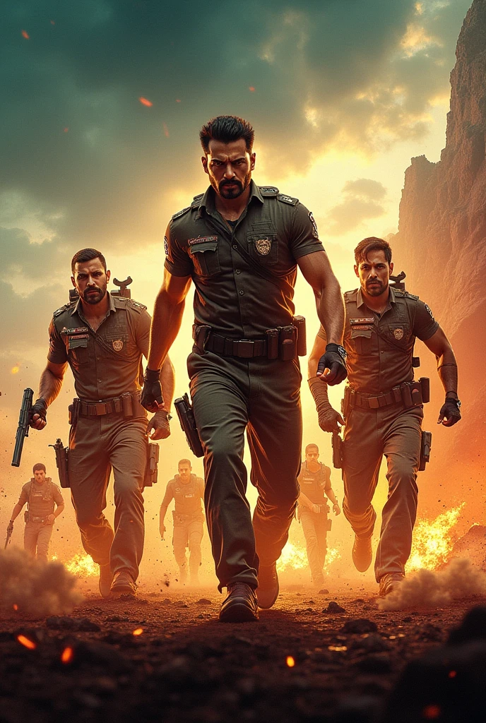 "Three attractive men in an action movie scene with explosions and fire, cuerpos musculosos, barba, rostros detallados y expresivos"