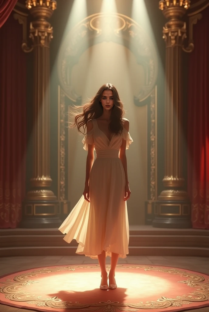 fot, taken from a distance seen full length, Female model, She is very young, plein-air, in a ballroom, sexy short dress, medium hips, Caucasian skin, sad for a lost love, long brown hair, a softened wry smile - contained excitement, Soft lighting on your face, realistic skin-clothes-hair textures, sky blue eyes carpeted mist, beautiful real textures and delicate aesthetics, full body view, dancing in the hall, notable for natural feminine beauty, noise, 8 k quality, FOTO RAW, by professional photographer, rule of thirds, Extremely Detailed