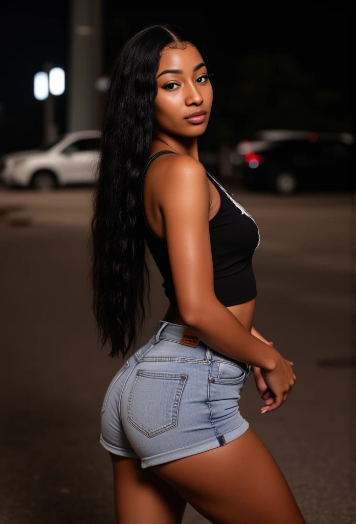 a picture of a slim thic pretty black girl from Atlanta black baddie girl with a video aesthetic with a nice define chiseled jawline with almond slanted shape eyes and she is fully clothed mini tight  booty denim shorts and black top outside in the night