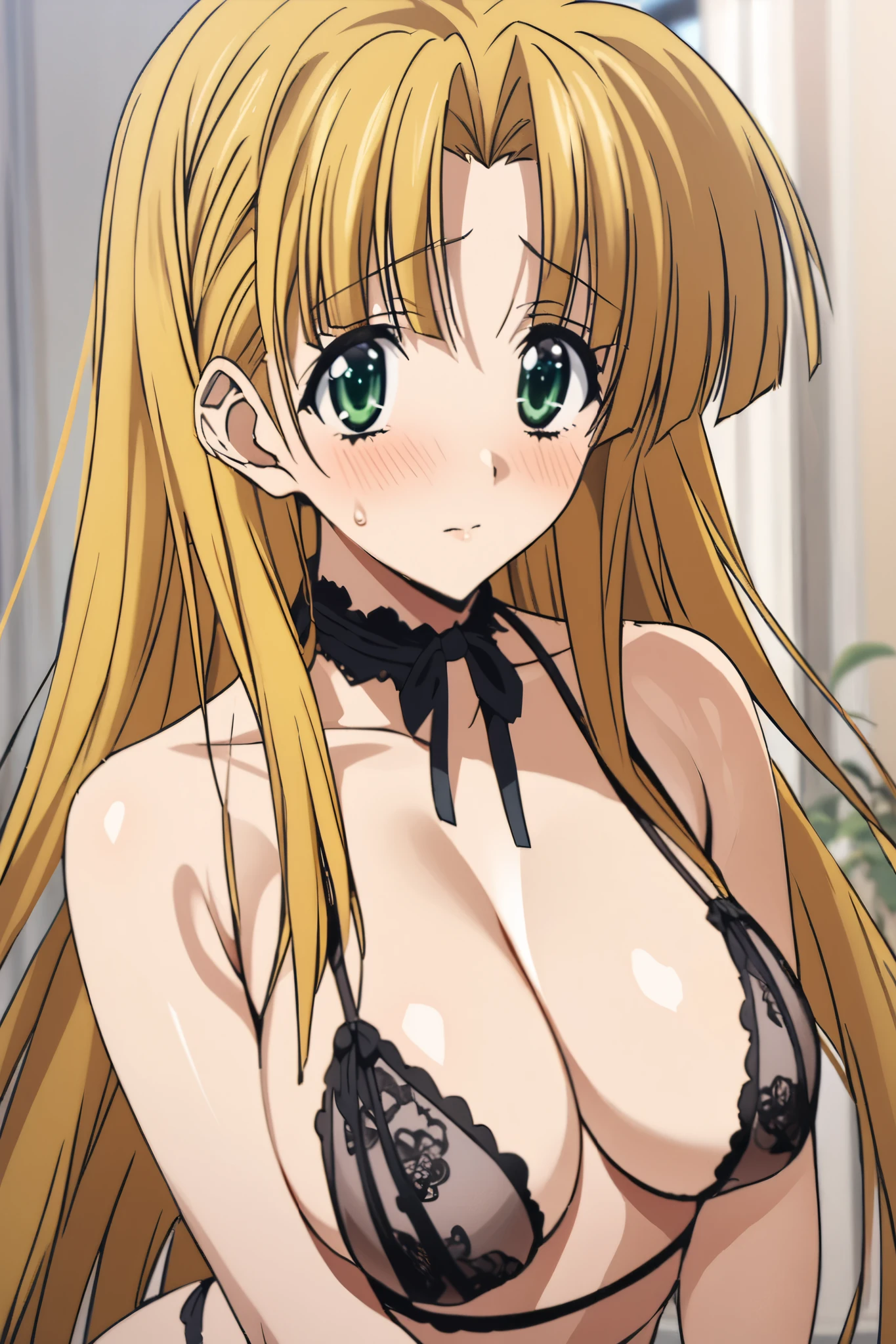 NSFW,masterpiece, top quality , high definition , very detailed,Asia Argento\(High School DXD\), long hair、 blonde hair 、 green eyes、Parted bangs、 、 lingerie