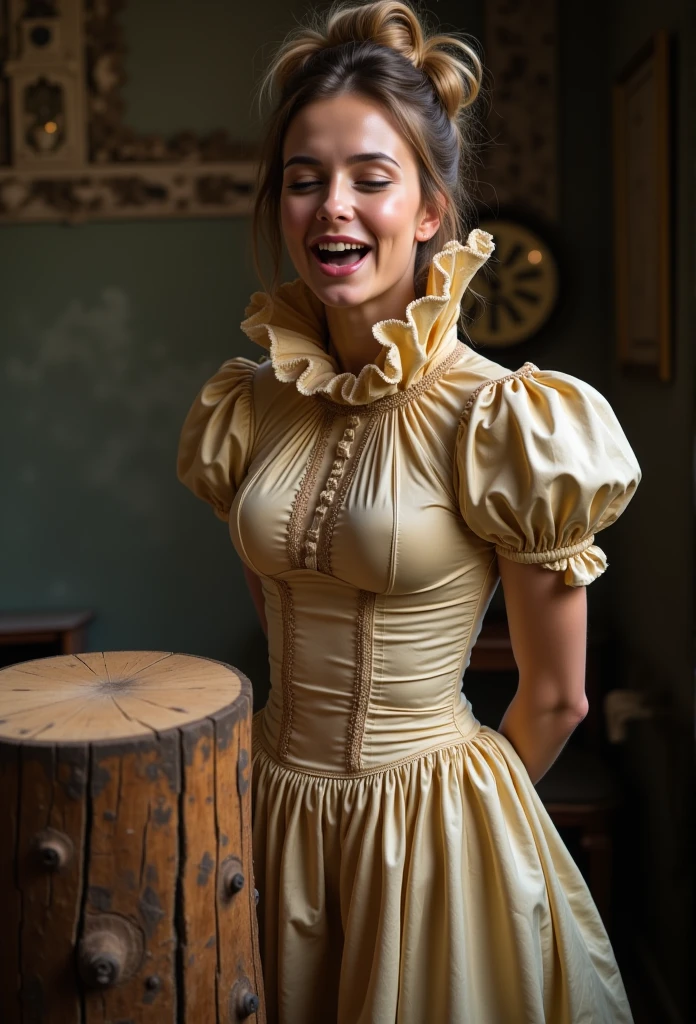 create this girl in a gothic Victorian home with yellow curtains that match's her dress. Keep her face much the same as it is