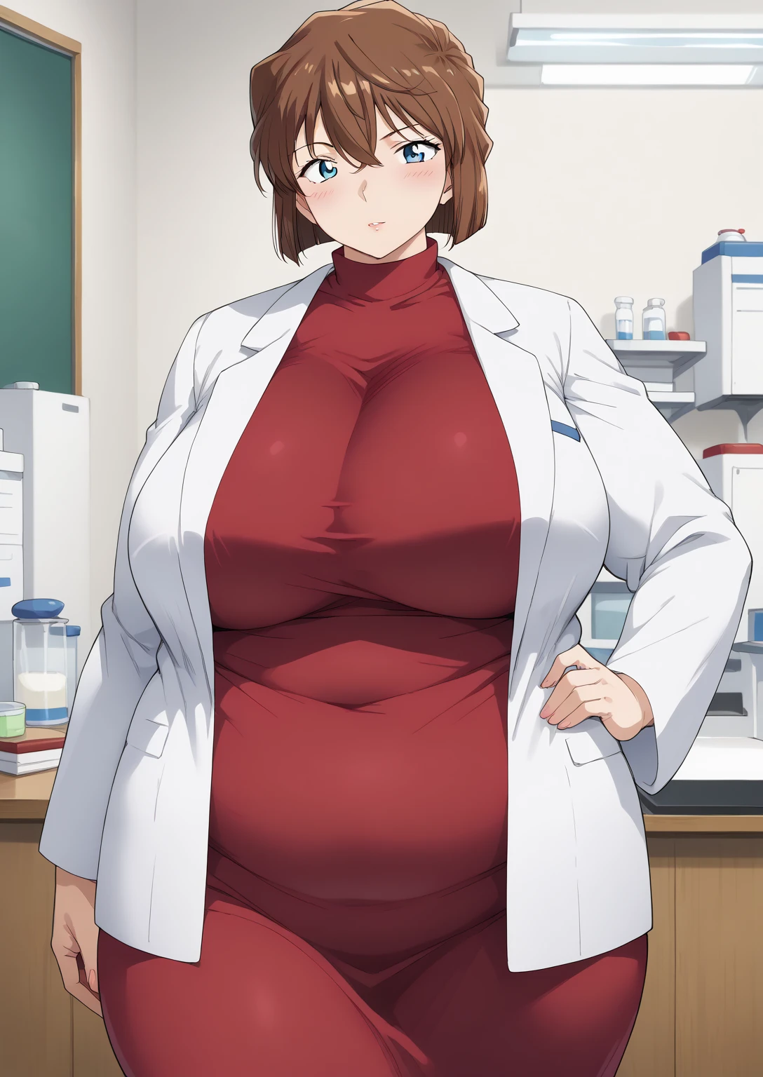 Shiho Miyano, Miyano Shiho, short hair,Brown Hair, blue eyes,hair between eyes,lab coat, rosewood dress, long sleeve dress, mini skirt dress, score_9,   score_8_ up,   score_7_ up,   score_6_ up,   score_5_ up,   score_4_ up,     masterpiece   ,   top quality,     very aesthetic  ,    absurd,    source_Anime, Anime screencap,    one woman , Alone,   personal   ,  Super huge breasts, (((S uper huge クレビス, Super huge , Super huge boob))), Curvy,   in her 20s,  Mature Woman,   obese , ,  troubled expression,  