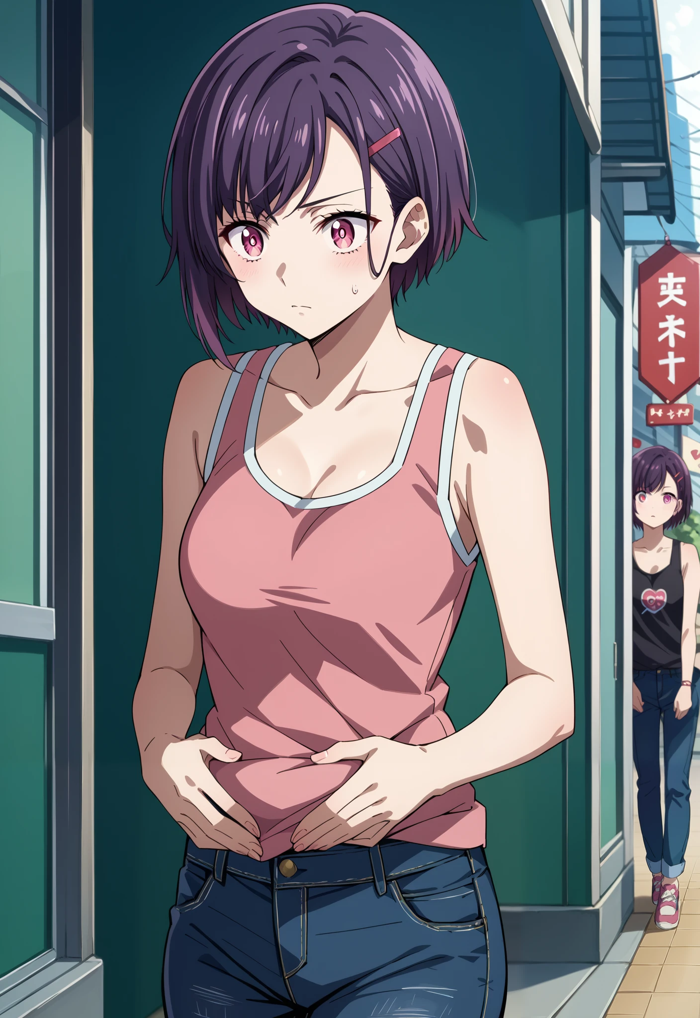 score_9, score_8_up, score_7_up, source_anime, 4K,perfect fingers,(perfect hands, perfect anatomy),
1girl,solo,shizukamikazuki, shizuka mikazuki, short hair, purple hair, hair ornament, hairclip, pink eyes, swept bangs, 
wearing ((black jeans, tanktop)),
standing,A motherly expression、Hands on stomach、The woman has a surprised look,