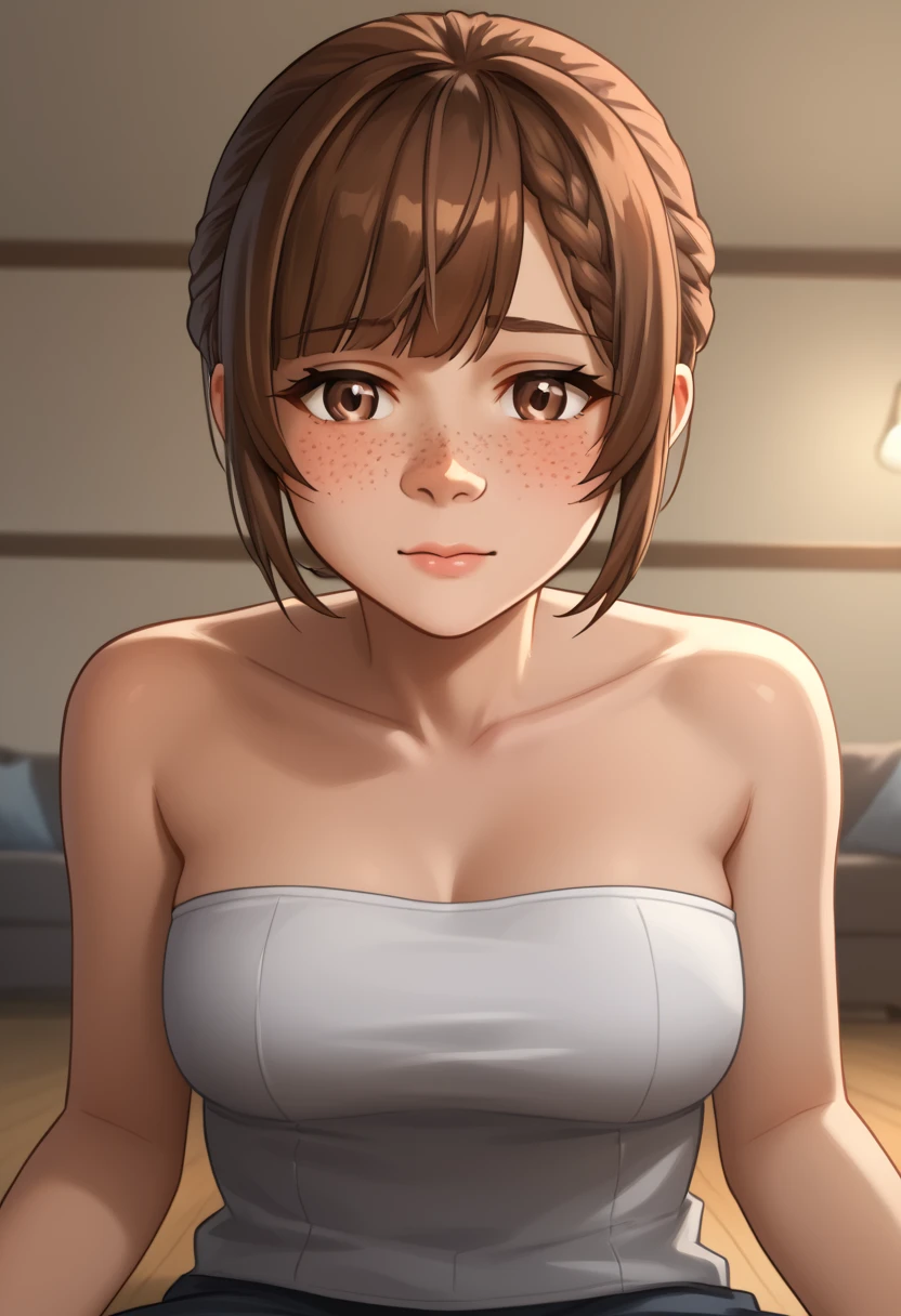 Beautiful 20 year old european  woman with dark auburn hair, bangs, short hair, braided updo, freckles, dimples: 1.3, blushing, hazel eyes, relaxed, living room, sitting on the floor, pov, dim light, high quality, high detail, perfect features, perfect face, nose blush, humping a pillow, strapless