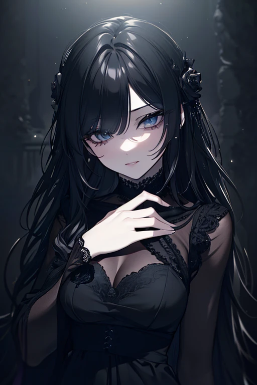 a gothic lolita girl, detailed facial features, intricate lace dress, pale skin, long dark hair, dramatic lighting, cinematic composition, highly detailed, 4k, dynamic bowed down pose, (naked body), sexy