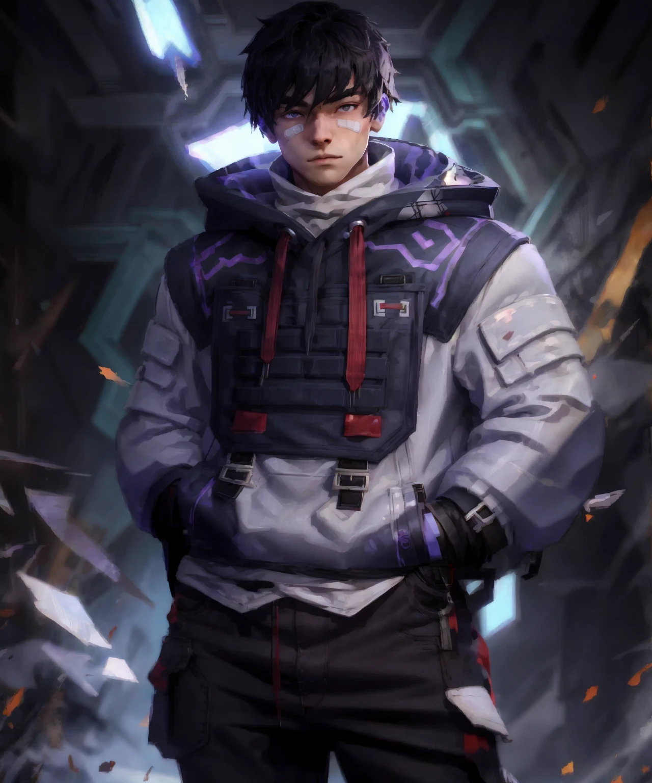 iso_valorant, standing up, looking at viewer, muscular, jacket, hoodie, long pants, bandaid on face, short black hair, male focus 