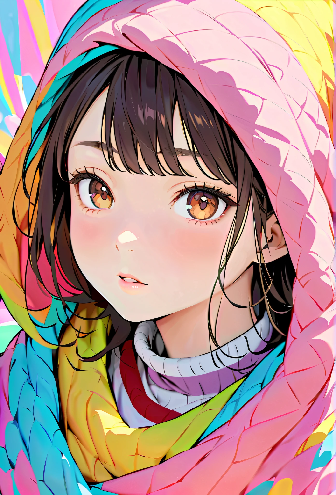 girl, long brown hair, brown eyes, sharp features, white skin, light pink lips, perfect, bright colors, sweater.