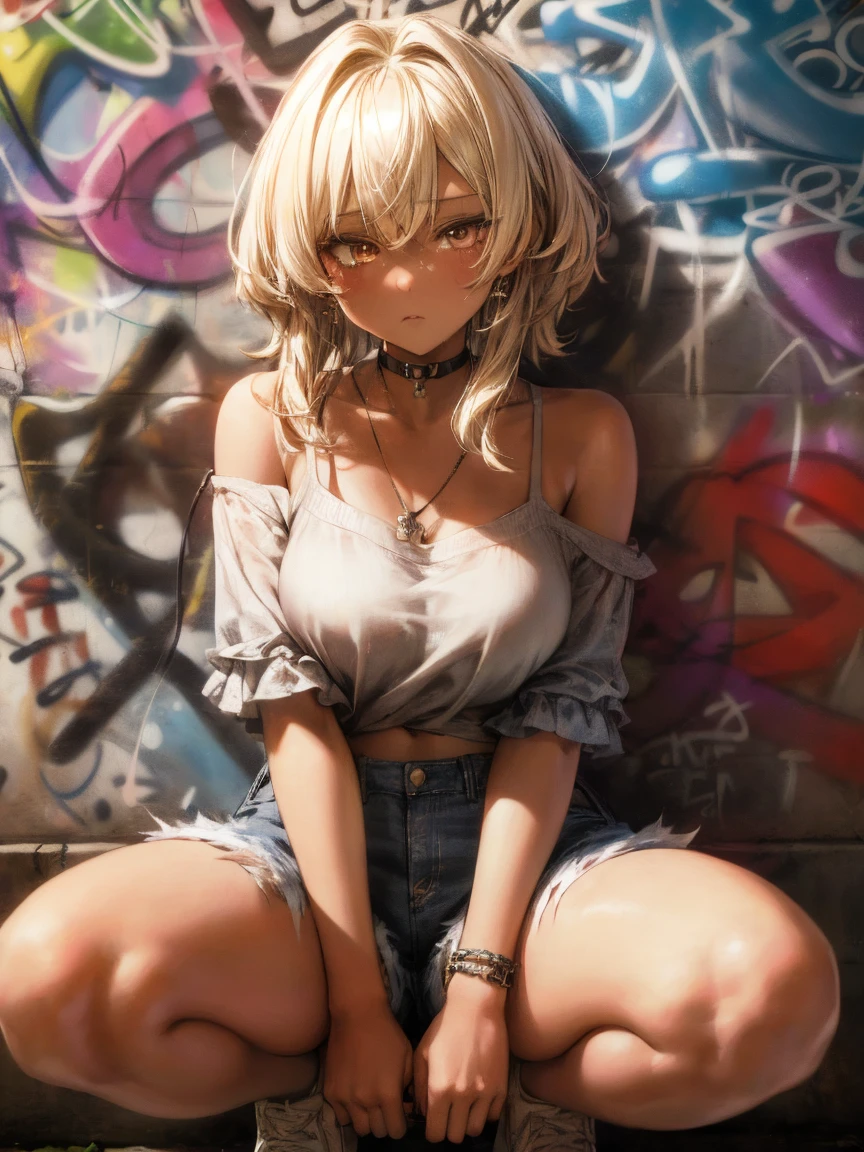 (masterpiece, highest quality:1.2), (1 girl) , 
Pixiv, Cool girl, Earrings, (Dark Skin), Gal, A young woman in casual gyaru spring/summer fashion , She wears a light pink off-shoulder See-through blouse with ruffle details and distressed denim shorts , Accessories include a simple choker and belly piercing, 
, (eyes half closed), (large tears), (lots of drool), The body shakes violently, ((Hasselblad Photos)), [:(detailed face:1.2):0.2], 
(Silver very short hair)
 , (Cute tattoo) , Big breasts ,Cropped Top, Choker, (graffiti:1.5), paint splatter, ((Paint on the body)), wristband, ((Paint on the body)) ,(Crouching:1.1), (Knees closed:1.2),