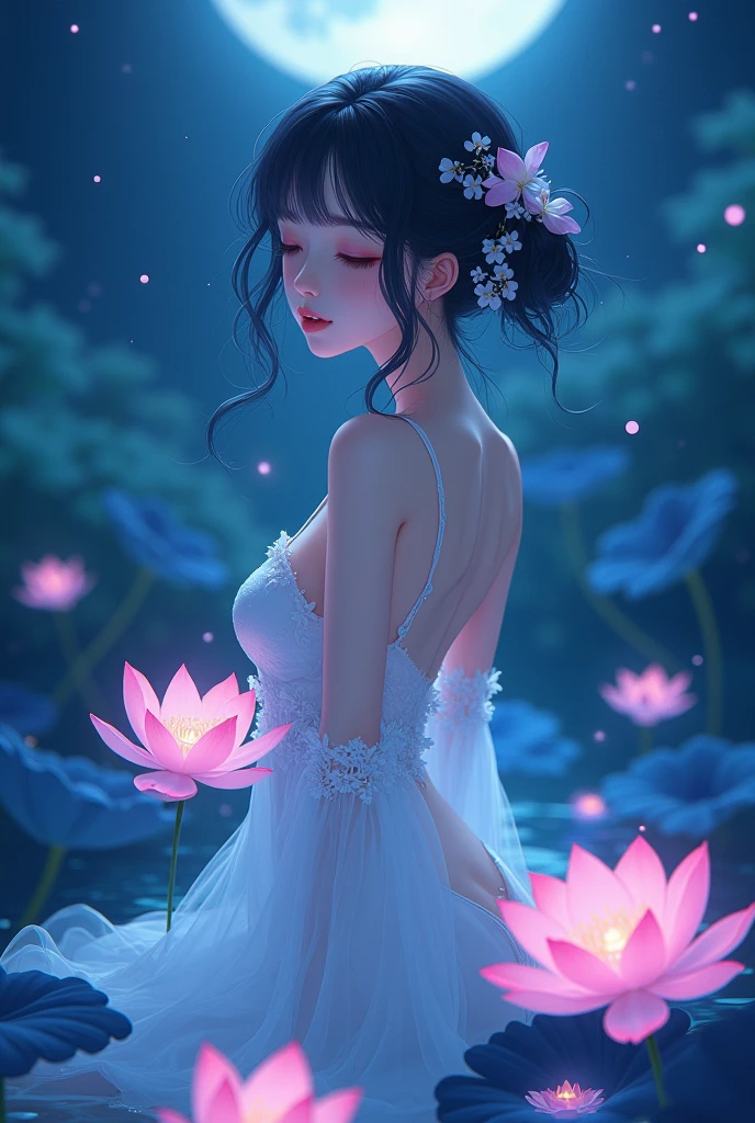 Her delicate appearance in the anime is a work of art, Eyelids closed, Body facing this way, The blue night enveloped her,  Every line and curve is engraved with fine detail. This woman is an exquisite drawing of light and shadow, color, Body Glow, Surrounded by beautiful lotus flowers, flash, Fluorescent particles, Backlight,   8K, 
