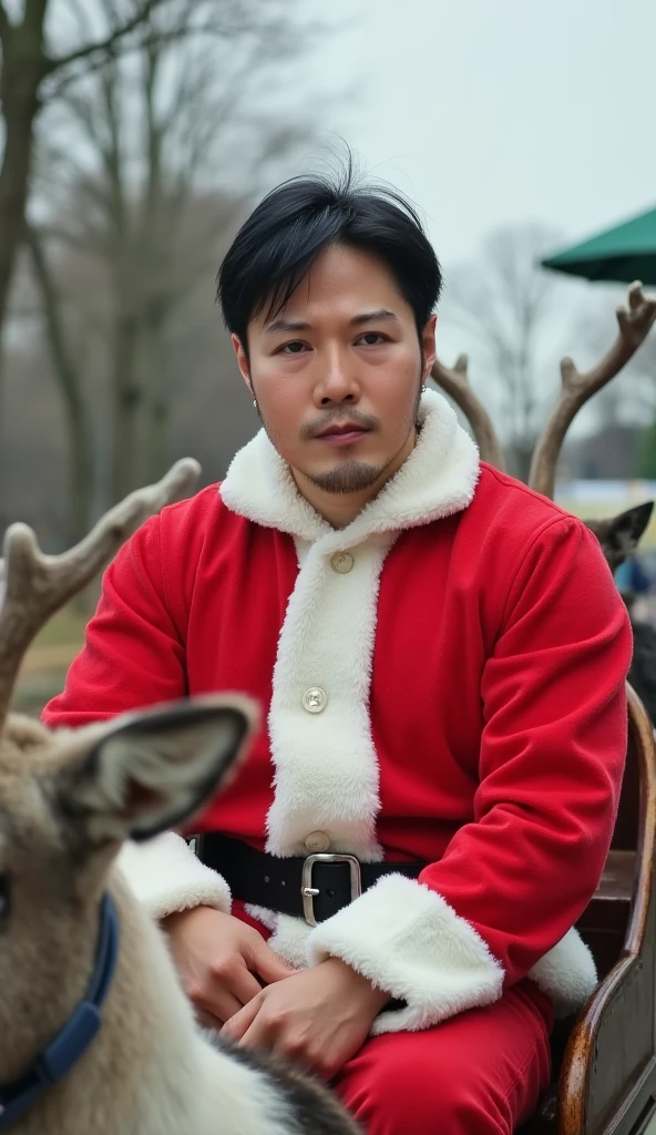 jojo, 44-year-old male, Photorealistic, 16k, photography, masterpiece, detailed face, with black messy hairstyle, masterpiece, best quality, wearing Santa style costume, riding a reindeer and a sleigh, natural lighting, everyday scene, highly detailed, detail libs, detail eyes, detail nose,