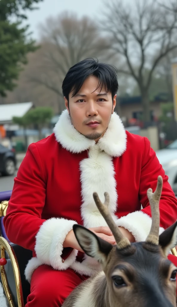 jojo, 44-year-old male, Photorealistic, 16k, photography, masterpiece, detailed face, with black messy hairstyle, masterpiece, best quality, wearing Santa style costume, riding a reindeer and a sleigh, natural lighting, everyday scene, highly detailed, detail libs, detail eyes, detail nose,