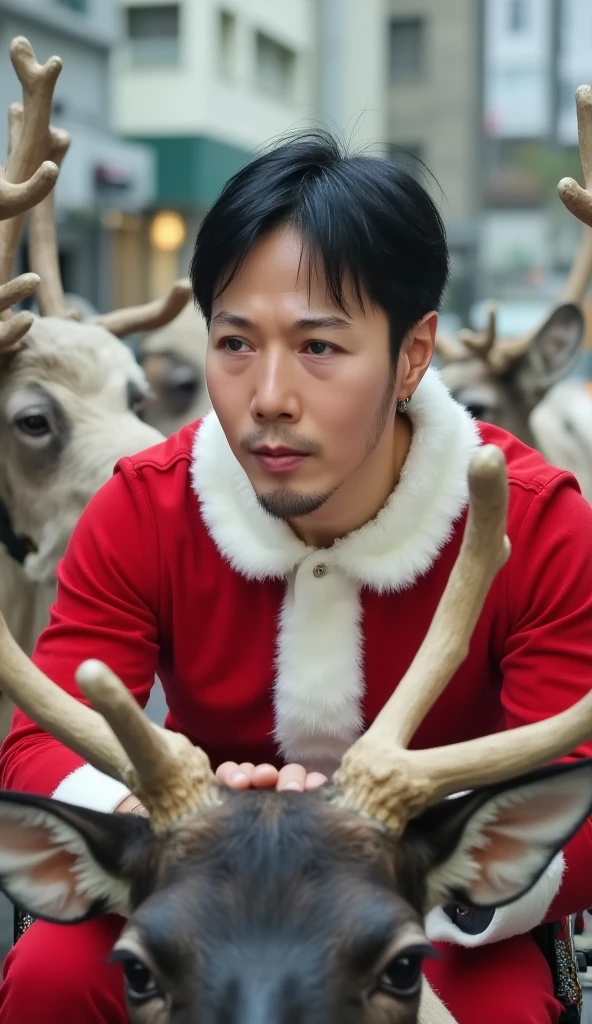 jojo, 44-year-old male, Photorealistic, 16k, photography, masterpiece, detailed face, with black messy hairstyle, masterpiece, best quality, wearing Santa style costume, riding a reindeer and a sleigh, natural lighting, everyday scene, highly detailed, detail libs, detail eyes, detail nose,