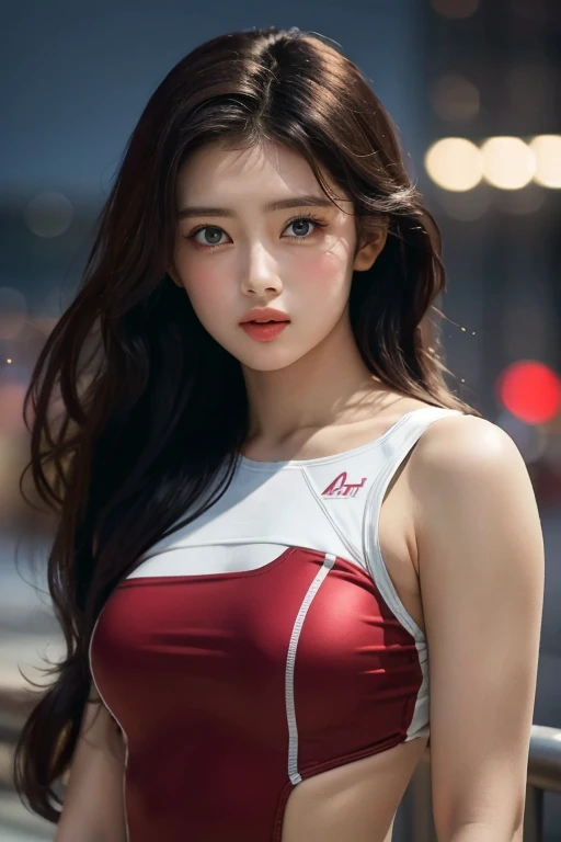 masterpiece,  top quality ,  ultra detail ,   ultra high resolution, (photo realistic :1.4),  RAW photos , ( realistic :0.2), 8K HDR,  realistic  cool temperature lighting, (:0.2),  1 girl, Alone, Asymmetric hair ,  outdoors on the street at night, day, ( simple background:1.2), Bokeh, ( detailed lips ), (Fine pores), ( pinkish detailed skin texture), ( detailed face :1.2), ( upper body:1.2), Woman wearing a tight white leotard ,  promotional image ,  character portrait wearing a red swimsuit,