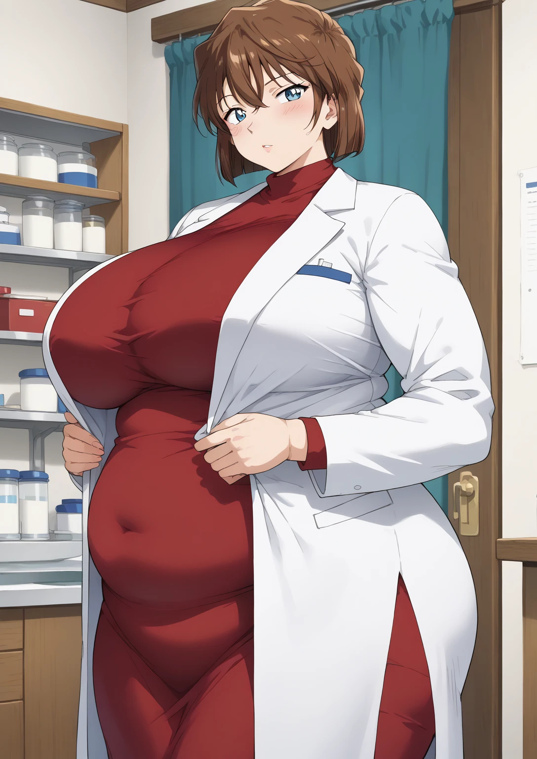 Shiho Miyano, Miyano Shiho, short hair,Brown Hair, blue eyes,hair between eyes,lab coat, rosewood dress, long sleeve dress, mini skirt dress, score_9,   score_8_ up,   score_7_ up,   score_6_ up,   score_5_ up,   score_4_ up,     masterpiece   ,   top quality,     very aesthetic  ,    absurd,    source_Anime, Anime screencap,    one woman , Alone,   personal   ,  Super huge breasts, (((S uper huge クレビス, Super huge , Super huge boob))), Curvy,   in her 20s,  Mature Woman,   obese , ,  troubled expression,  