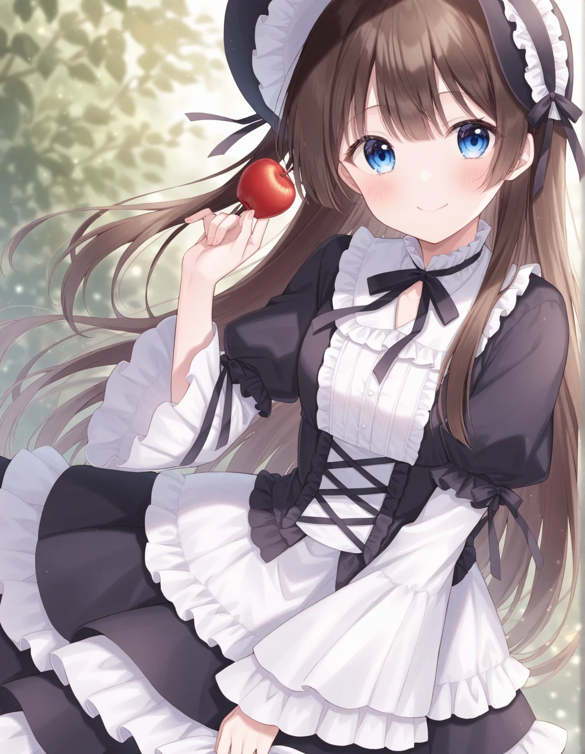  is written by、 1 girl,   cute round face,   smile、 long straight hair,  Detailed body, small tits, masterpiece,  top quality ,  great quality,   very aesthetic  , up to date,Brown Hair、Blue Eyes、refer to５Books、 Gothic Lolita 、 long skirt、 holding apples 