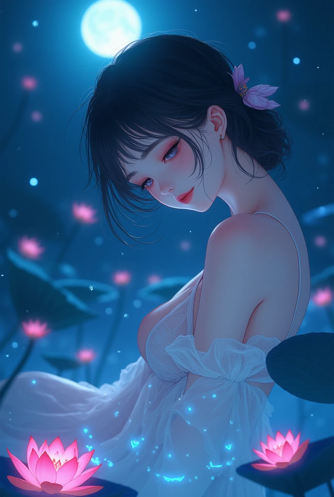 Her delicate appearance in the anime is a work of art, Eyelids closed, Body facing this way, The blue night enveloped her,  Every line and curve is engraved with fine detail. This woman is an exquisite drawing of light and shadow, color, Body Glow, Surrounded by beautiful lotus flowers, flash, Fluorescent particles, Backlight,   8K, 
