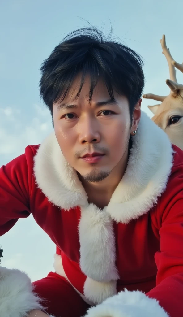 jojo, 44-year-old male, Photorealistic, 16k, photography, masterpiece, detailed face, with black messy hairstyle, masterpiece, best quality, wearing Santa style costume, riding a reindeer and a sleigh on the sky, natural lighting, everyday scene, highly detailed, detail libs, detail eyes, detail nose,