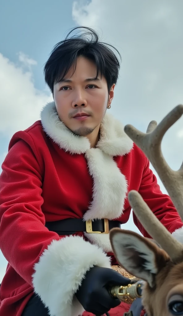 jojo, 44-year-old male, Photorealistic, 16k, photography, masterpiece, detailed face, with black messy hairstyle, masterpiece, best quality, wearing Santa style costume, riding a reindeer and a sleigh on the sky, natural lighting, everyday scene, highly detailed, detail libs, detail eyes, detail nose,