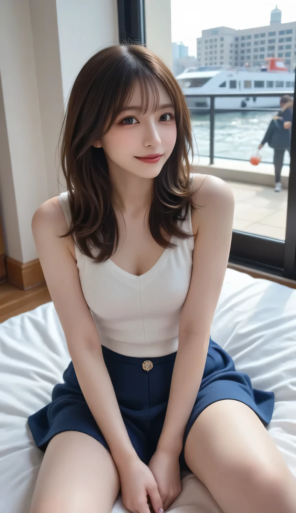 18year old、a smile、brown haired、beautidful eyes、real looking skin、hi-school girl、Bright illustration、small tits、(8K、masterpiece)、(reallistic、Photorealsitic)、top-quality、ighly detailed、The ultra-detailliert、Beautie、cute little、japanes、Idol
