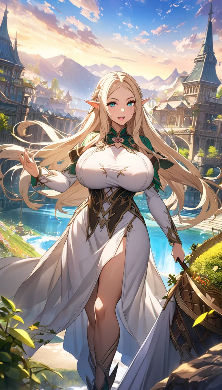 Elf,Sister,Big Breasts, long hair,fantastic background