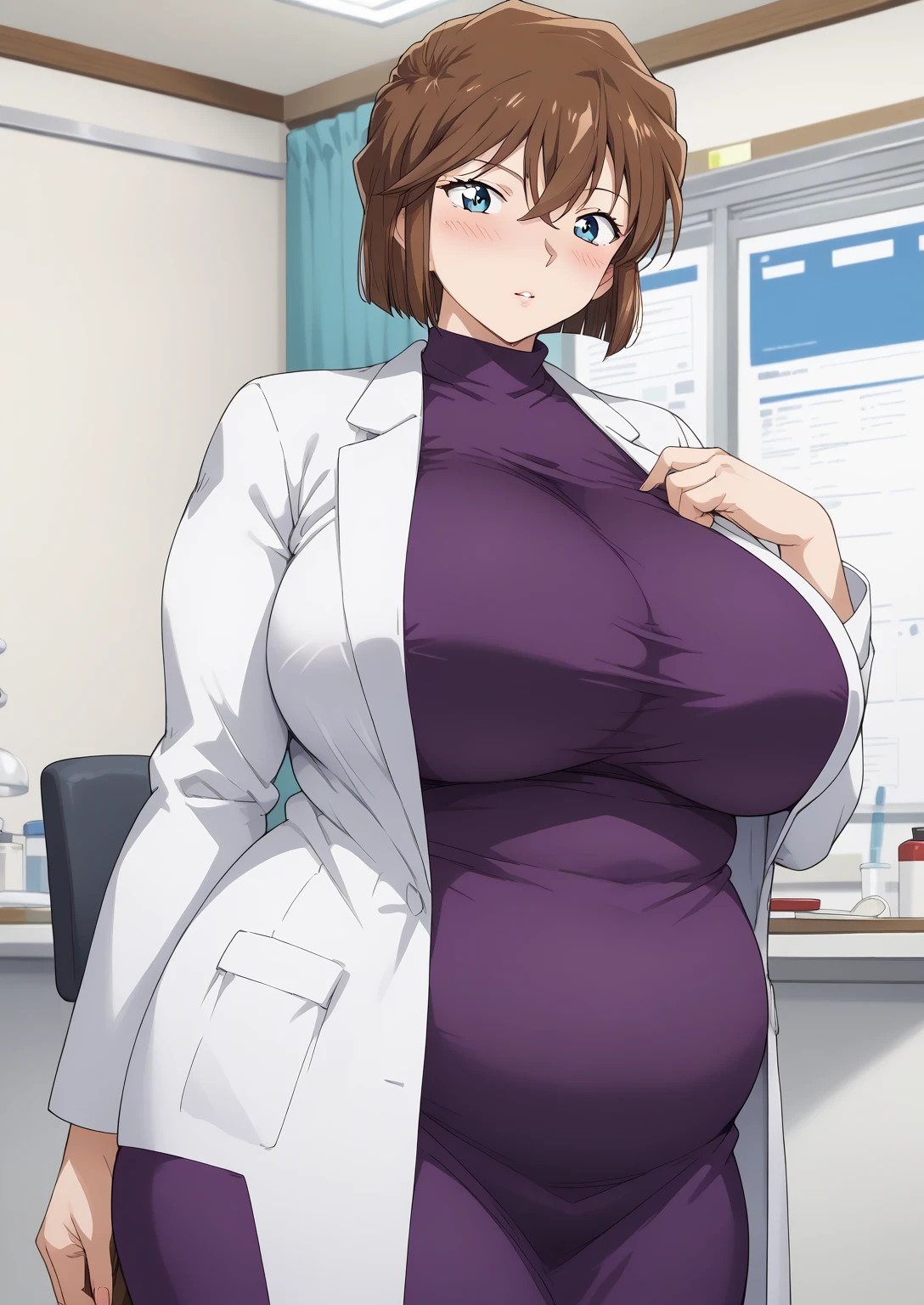 Shiho Miyano, Miyano Shiho, short hair,Brown Hair, blue eyes,hair between eyes,lab coat, bluish purple dress, long sleeve dress, mini skirt dress, score_9,   score_8_ up,   score_7_ up,   score_6_ up,   score_5_ up,   score_4_ up,     masterpiece   ,   top quality,     very aesthetic  ,    absurd,    source_Anime, Anime screencap,    one woman , Alone,   personal   ,  Super huge breasts, (((S uper huge クレビス, Super huge , Super huge boob))), Curvy,   in her 20s,  Mature Woman,   obese , ,  troubled expression,  