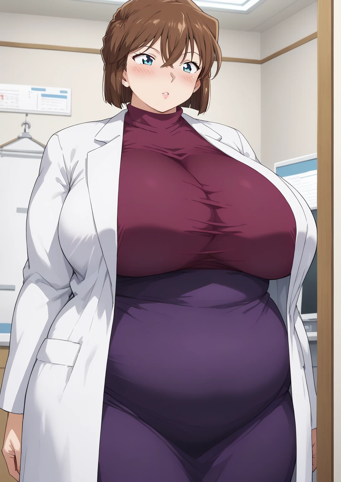 Shiho Miyano, Miyano Shiho, short hair,Brown Hair, blue eyes,hair between eyes,lab coat, bluish purple dress, long sleeve dress, mini skirt dress, score_9,   score_8_ up,   score_7_ up,   score_6_ up,   score_5_ up,   score_4_ up,     masterpiece   ,   top quality,     very aesthetic  ,    absurd,    source_Anime, Anime screencap,    one woman , Alone,   personal   ,  Super huge breasts, (((S uper huge クレビス, Super huge , Super huge boob))), Curvy,   in her 20s,  Mature Woman,   obese , ,  troubled expression,  