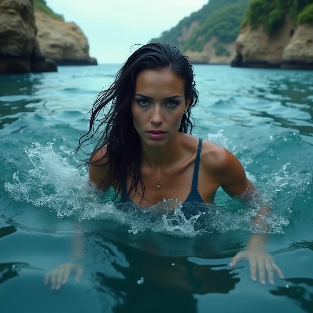 Lara Croft swimming. shot with Canon EOS 5D Mark IV and Canon EF 16-35mm f/2.8L III USM Lens, photorealistic, underwater photography --auto --s2