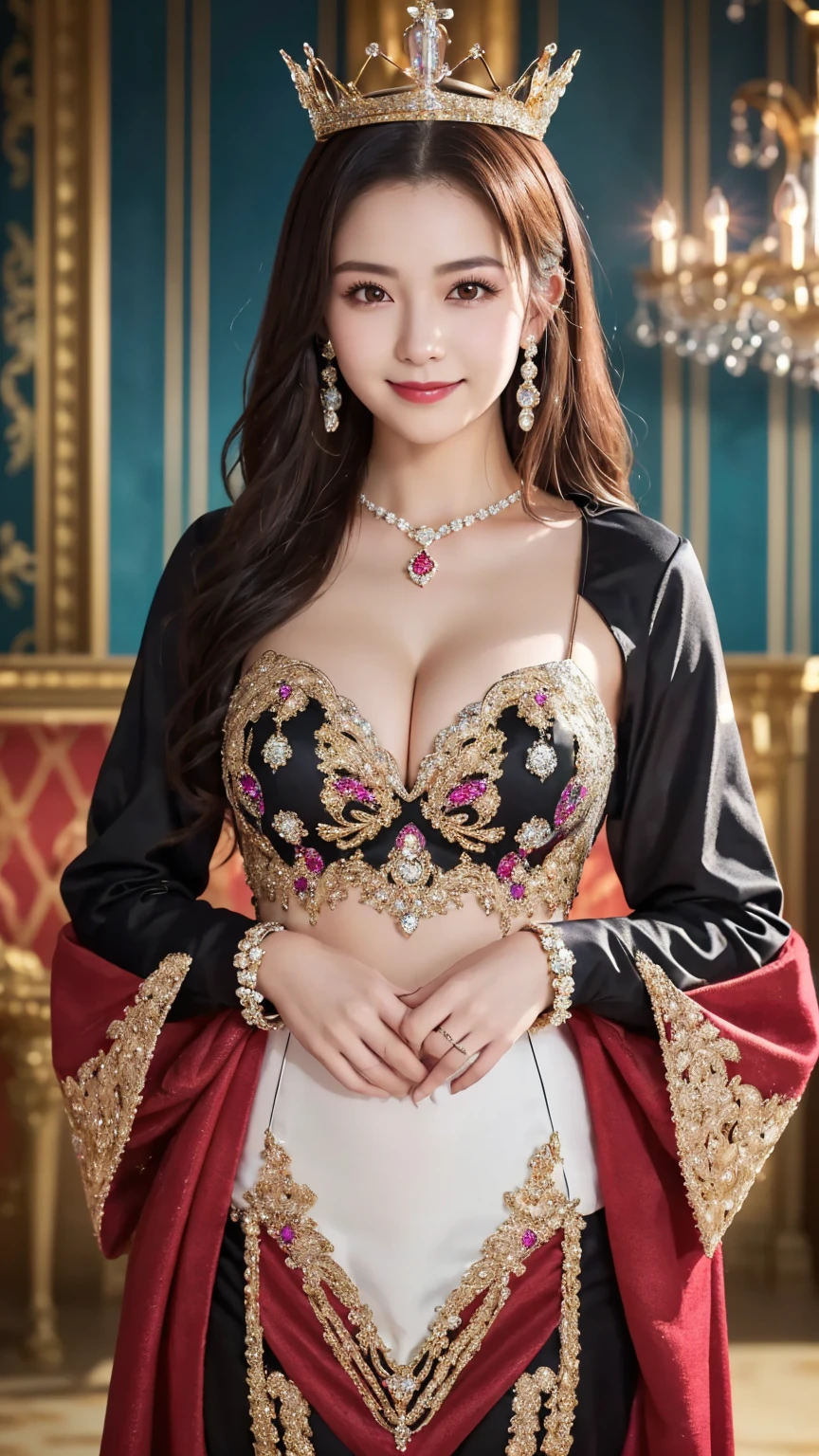 (colorful long-sleeved queen outfit with jewels : 1.5), (upper body : 1.5), smile, ( Royal Background with Chandelier : 1.5), (Carrying the Crown  : 1.4), ( curled hair  : 1.4), young and adorable Japanese face, Official Art, high definition CG Unity 8k wallpaper,Ultra high definition ,Very detailed, half photos with Brazil, high definition , Kodak Portrait 400, film grain , lens flare glow, best quality,8k, as a portrait shot,8k, Show viewer, (( best quality)), ( super detailed), smile, (( sexy)), (( Very detailedな)), (detailed clothing features), (beautiful), Illustration, beautiful Japanese woman, ((1 female)), (Bold Cleavage : 1.3)