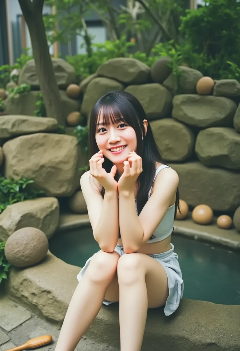  I'm making a heart shape with both hands, top quality, masterpiece,   super high res, (  realistic  :1.4), 20 years old,  1 girl,  Surrounded by a very high quality stone open-air bath ,8k,((Very short bangs )),  bangs cut in a straight line above the eyebrows  , Slim waist,Thin legs,sitting on a log, Look under two beautiful fingers ,((Super   realistic   image quality)),  shirt short enough to show the underline,,  Beautiful breasts  ,  realistic  ,  image media chest  )),((  shows teeth and laughs )),((  big smile))