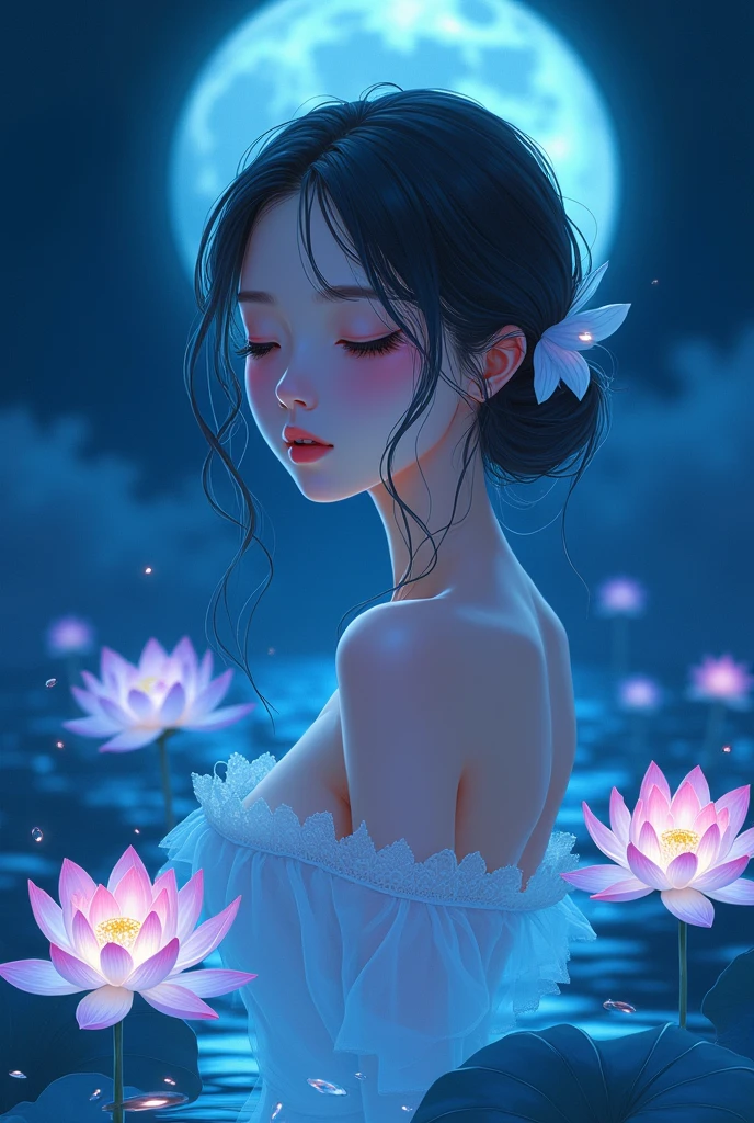 Her delicate appearance in the anime is a work of art, Eyelids closed, Body facing this way, The blue night enveloped her,  Every line and curve is engraved with fine detail. This woman is an exquisite drawing of light and shadow, color, Body Glow, Surrounded by beautiful lotus flowers, flash, Fluorescent particles, Backlight,   8K, 
