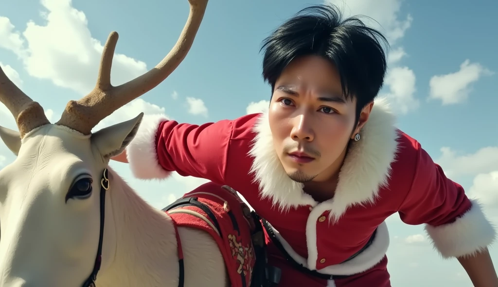 jojo, 44-year-old male, Photorealistic, 16k, photography, masterpiece, detailed face, with black messy hairstyle, masterpiece, best quality, wearing Santa style costume, riding a reindeer and a sleigh on the sky, natural lighting, everyday scene, highly detailed, detail libs, detail eyes, detail nose,