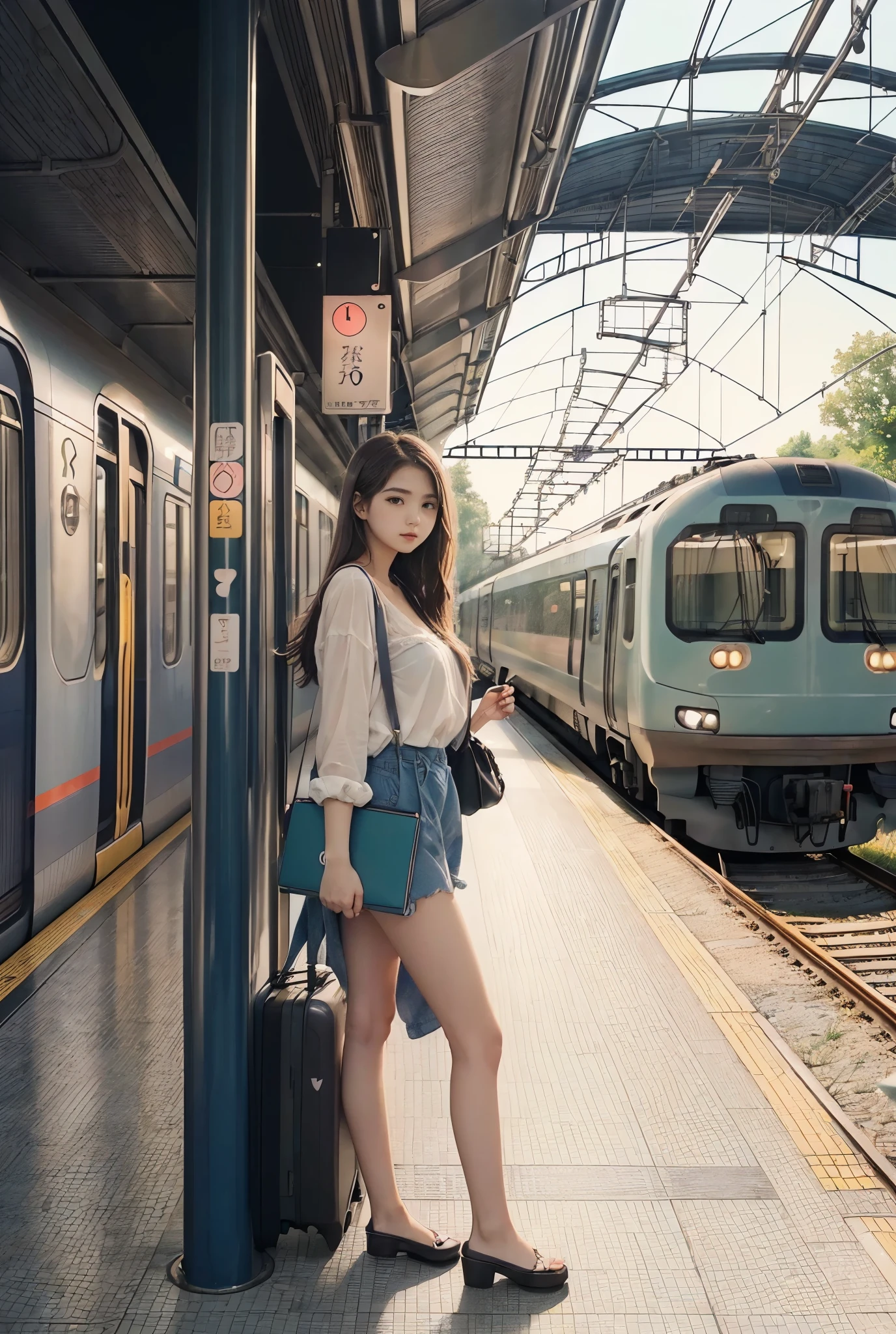 (( pastel color 、Ultra Precise Colored Pencil Drawing ))、(European terminals、高速train、 platform 、train、evening、 18 year old beautiful woman 、Farewell、Life、Departure、trainに乗り込む女性)