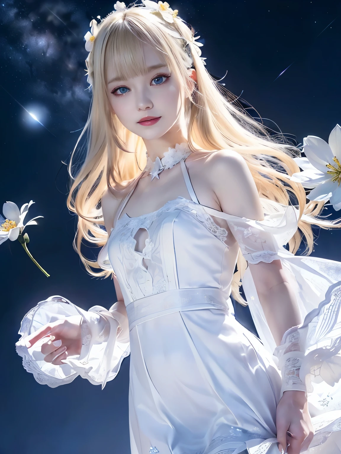 raw photo, 8k, (top-quality), Realistic, (real picture, Intricate details), (natural skin texture, detailed skin, hyper realism, sharpness), (Japanese teenage girl dancing in the starry sky high at night, white flowers, On the hill where white flowers bloom, jumping high), ((white dress, see-through dress, white flower hair ornament, look far away)), (pale skin:1.2), slender body, ((light blond hair:1.3, long hair, blunt bangs)), (Parted lips:1.3, eye shadow, eyeline, tear bag:1.2, red lip, undereye circle, smile), night time, starry skies, full body shot