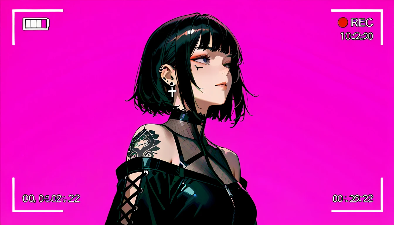 Jk. 1girl. Neon palette, short black hair, side swept bangs, asymmetrical hair, black ruffled crop-top dress, shoulders exposed, black tennis skirt, black fishnets, black knee-high boots, black choker on neck. Tattoo's on arms.