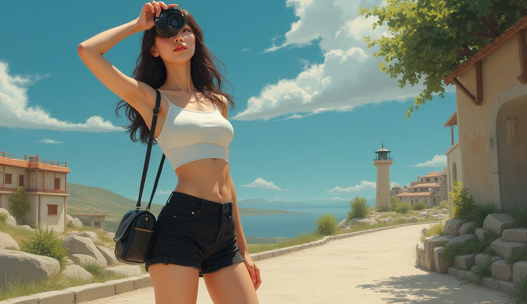 no, Ray Tracing, Radio City, Anisotropic filtration, 16,000, best quality, 1 woman, alone, mature, beautiful mountain climber, shorts hiking clothes, Gradient long hair, climbing equipment、laugh、sunset ,big breasts、valley