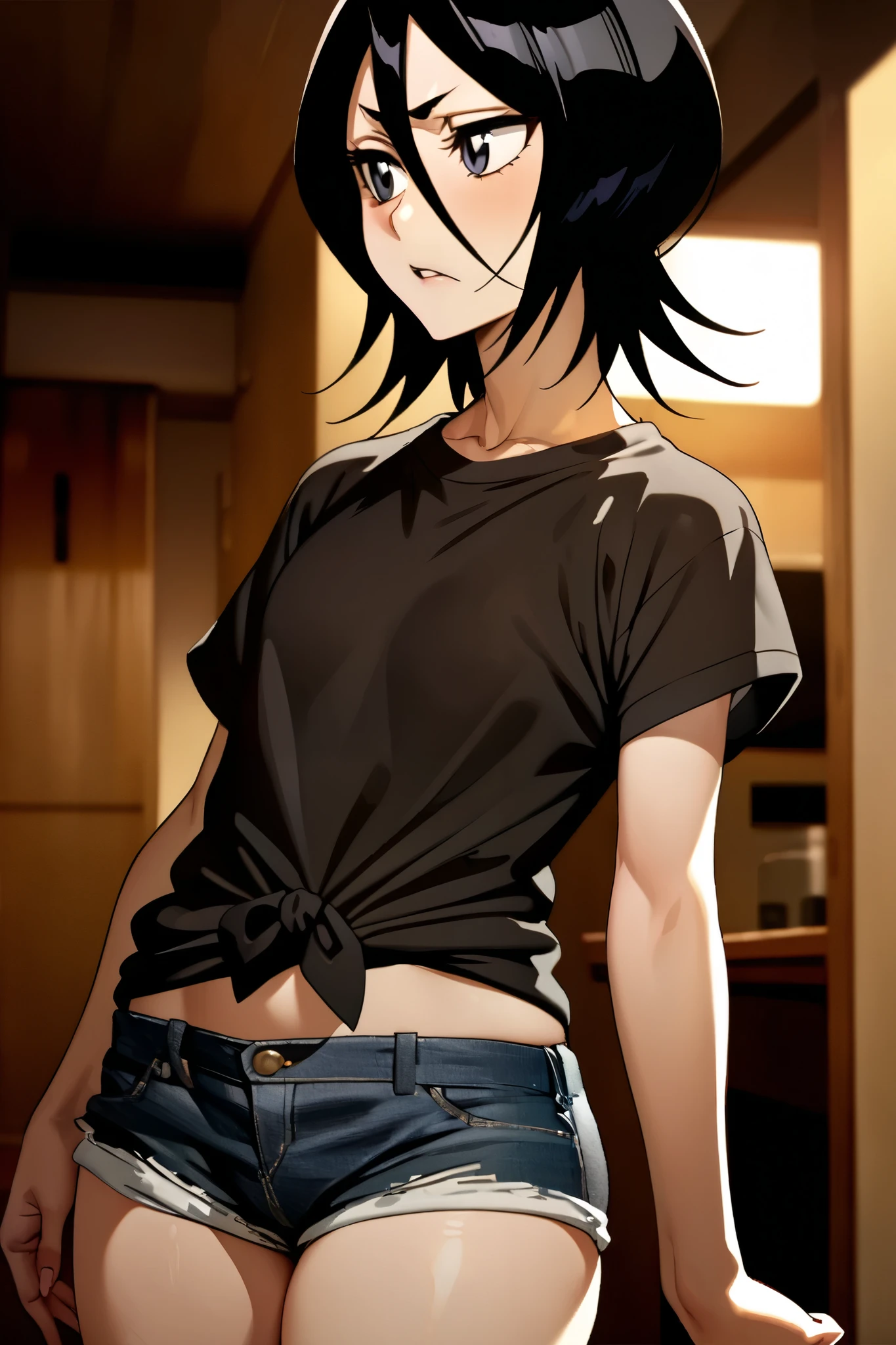 NSFW,masterpiece, top quality , high definition , very detailed, Kuchiki Rukia \(BLEACH\), short hair, black hair、 hair between eyes, Casual , Denim Shorts