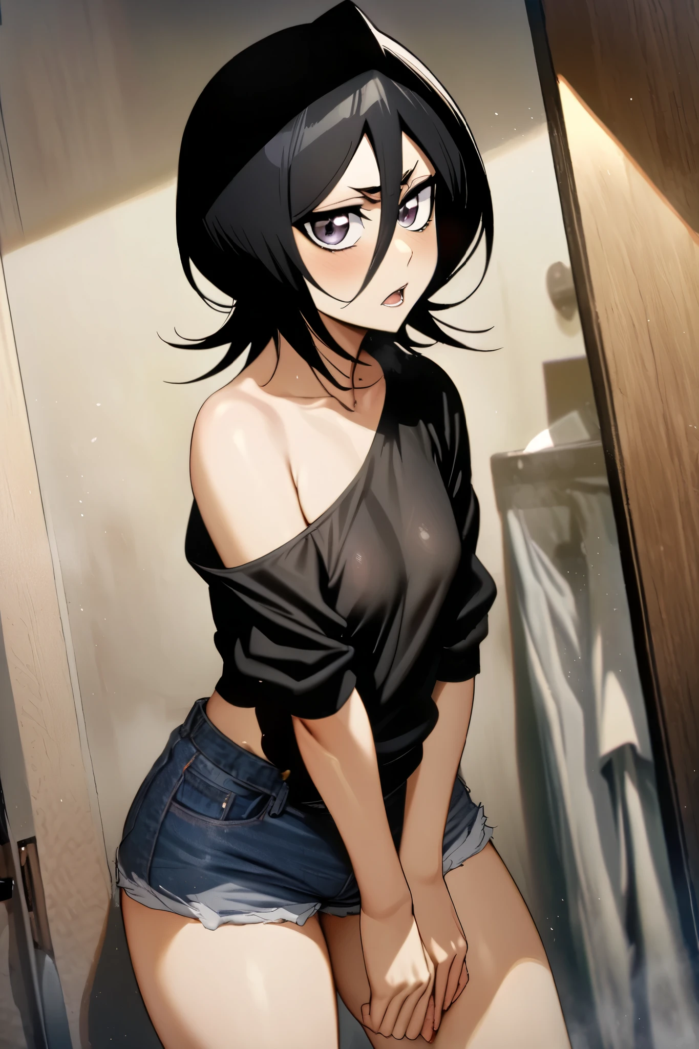 NSFW,masterpiece, top quality , high definition , very detailed, Kuchiki Rukia \(BLEACH\), short hair, black hair、 hair between eyes, Casual , Denim Shorts