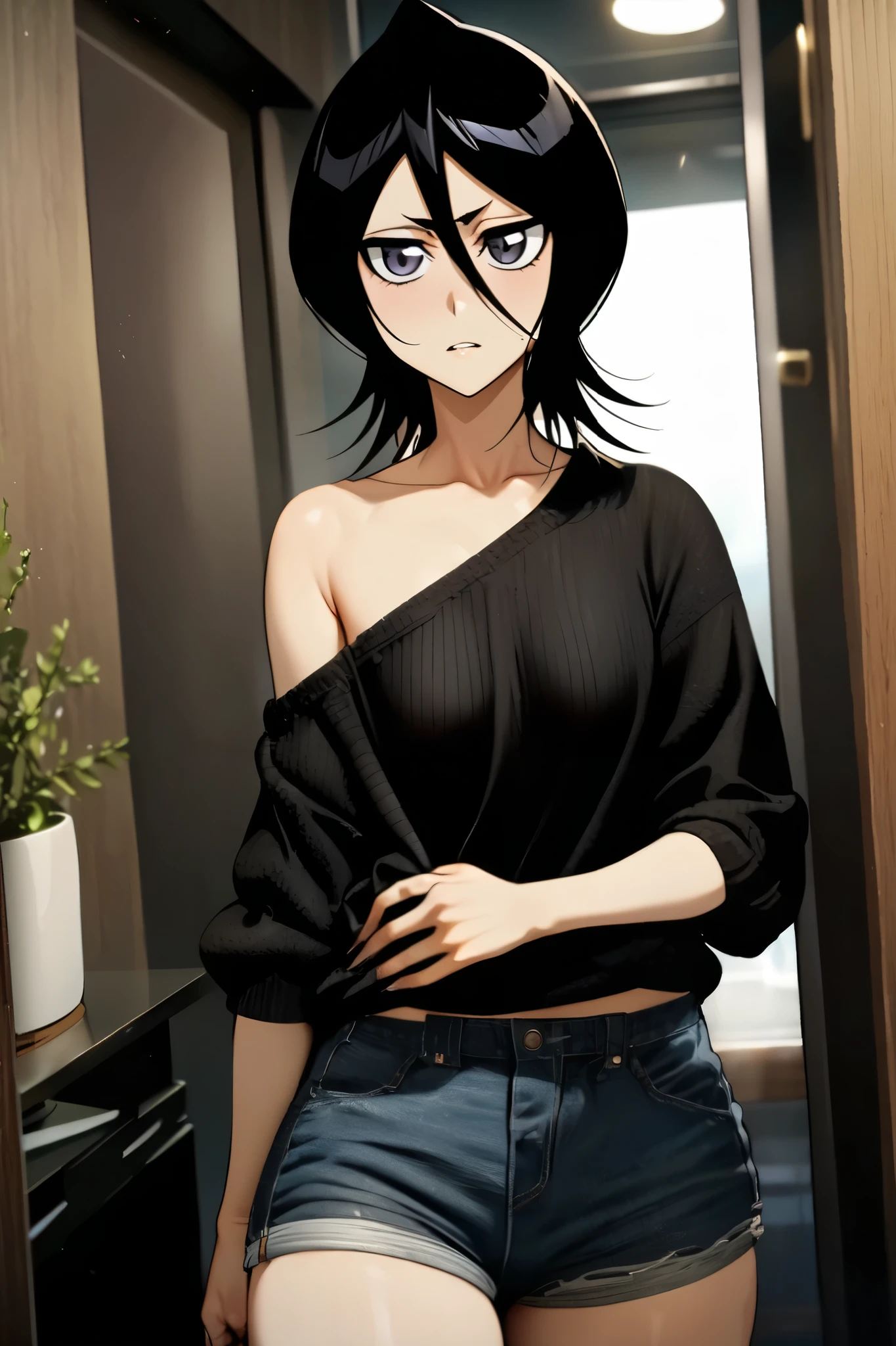 NSFW,masterpiece, top quality , high definition , very detailed, Kuchiki Rukia \(BLEACH\), short hair, black hair、 hair between eyes, Casual , Denim Shorts